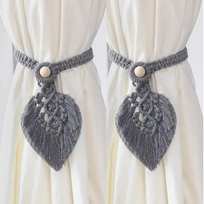 2 Pack Boho Leaf Tassel Curtain Tiebacks, Hand Knitting Cotton Curtain Holdbacks，Crochet Cotton Rope Wall Hanging Decoration, Bohemian Home Decor， for Indoor Outdoor Drapes Decoration (Warm Brown)