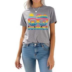 AiMgFUN Women's Black White Short Sleeve Crew Neck Graphic Tee with Hello Summer Casual T Shirt
