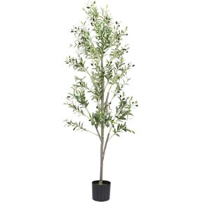 Faux Olive Tree 6FT Silk Plant Artificial Indoor, 6 FT Fake Potted Olive with Wicker Basket Planter, Tall Artificial Olive Trees with Natural Wood Trunk & Fruits for Home Office, 6 Feet (72")