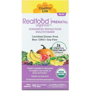 Realfood Organics Prenatal Multi - Before, During, & Post Pregnancy - Folate, D3 & Iron to Support Healthy Fetal Growth and Development*, Gentle on Stomach, Gluten-Free, Soy Free, 90 Tablets