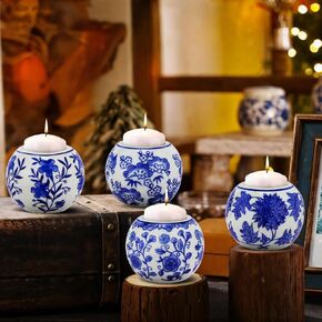 4 حزمة شموع الأزرق والأبيض - ديكور Chinoiserie Porcelain حاملي شموع تيلايت حاملي الشمعة النذرية لقضاء العطلات ، الزفاف ، حزب الجدول محور ديكور المنزل ، 1.82 × 2.75