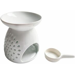 Ceramic Tealight Candle Holder Essential Oil Burner Ornament with Spoon for Yoga Spa, Oil Diffuser Aromatherapy Wax Melt Burners for Bedroom Home Decoration (White)