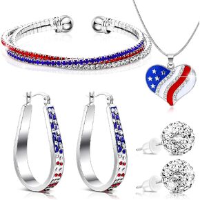 XunYee 4 Pcs 4th of July Jewelry Set for Women Patriotic Earrings Independence Day Bracelet USA American Flag Necklace Gifts