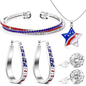 XunYee 4 Pcs 4th of July Jewelry Set for Women Patriotic Earrings Independence Day Bracelet USA American Flag Necklace Gifts in Saudi Arabia