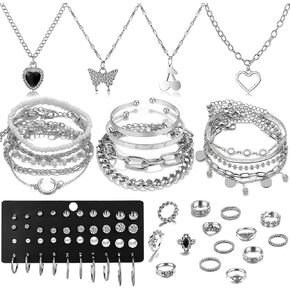 52 PCS Silver Plated Jewelry Set With 4pcsNecklace,14pcs Bracelet,20pcs Hoop Stud Earrings, 14pcs Rings Jewelry set For Women Friendship Gift