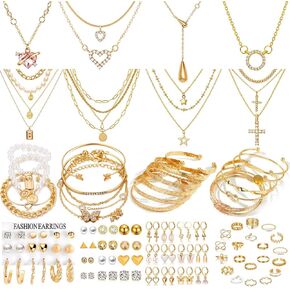 116Pieces Gold Plated Jewelry Set with 8 PCS Necklace, 22 PCS Bracelet, 66 PCS Stud Dangle Earring, 20 Pcs Knuckle Rings for Women Valentine Anniversary Friendship Gifts (GOLD SET)