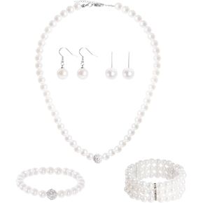 SUMERSHA 5pcs Faux Pearl Jewelry Set for Women Simulated Pearls Rhinestone Necklace Earrings Bracelet for Party Wedding Accessories