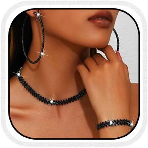 Unicra Black Jewelry Sets Rhinestone Necklace Hoop Earrings Bracelet Set Prom Formal Sparkly Costume Jewelry Sets for Women