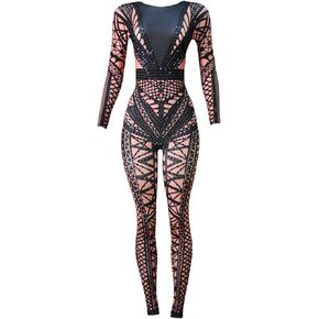 “Widow" Women's Nude & Black Long Sleeve Dance Jumpsuit with Black Rhinestones – Stretch Spandex for Salsa, Bachata, Aerial, Circus, Lyrical, Jazz, Contemporary Performers.