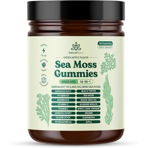 Sea Moss Gummies 16-in-1 - Ashwagandha Black Seed Oil Bladder Wrack Turmeric Vitamin C & D3 with Manuka Burdock Root Dandelion Yellow Dock Elderberry Apple Cider Vinegar (Green Apple)