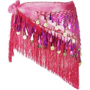 MECCANIXITY Belly Dance Hip Scarf with Tassels Sequins Women's Gradient Triangle Wrap Skirt with Coins for Music Festival Party Costume Performance(Pink)