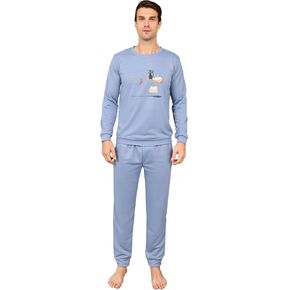 Mens Cott*n-like texture long Pajamas Set cat pattern Nightwear round neck Sleepwear