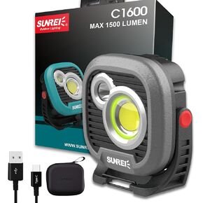 SUNREI LED Rechargeable Magnetic Work Lights, 1000 Lumens, Magnetic Base & Hanging, 7Mode, Flashlight for Job Site & Emergency