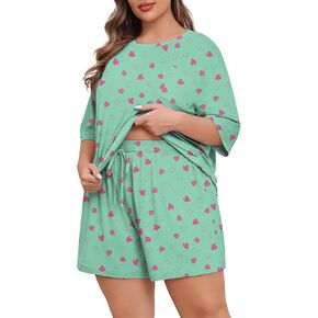 Lastshe Womens Plus Size Pajama Set 2 Piece Soft Short Sleeve with Pockets Shorts Sleepwear Knit Pjs Lounge Set Sweatsuits