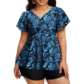 Lienridy Women's Plus Swimsuits Swimsuits متكافئة الأكمام البطن التحكم في ملابس السباحة قطعتين للاستحمام