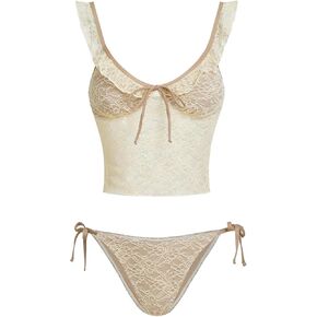 GORGLITTER Women's Floral Lace Tankini Set String High Cut Thong Sheer Swimsuit Bathing Suit Beach Fashion
