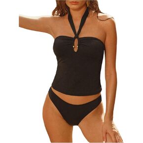 GORGLITTER Women's Ring Linked Tankini Set Tie Backless Halter Top High Cut Thong Swimsuit Bathing Suit