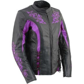 Milwaukee Leather LKL27002 نساء سترة مطرزة من الجلد الأسود والأرجواني مع الحماية من الدروع CE - كبيرة