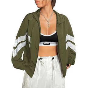 Verdusa Women's Color Block Zip Up Hooded Jacket Outerwear Loose Windbreaker Jackets
