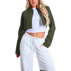 Women's Long Sleeve Lapel Collar Zip Up Cropped Casual Jacket with Decorative Front Chest Pockets