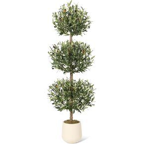 5FT Artificial Olive Triple Ball Topiary Trees with Moss & Inner Pot, Outdoor Indoor Realistic Fake Shrubs Trees, Faux Plants Round Bushes Fake Shrubs Potted for Home Offices Porch Decor Set of 1