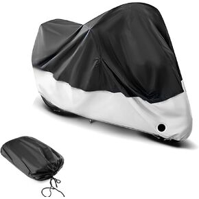 1 PC 190 T Car Cover, 104.33" x 49.21" x 41.33" Indoor and Outdoor Rain Cover with Wind Buckle, Motorcycle Body Dust Cover with Locking Hole, Universal for Most Motorcycles (Black & Silver)