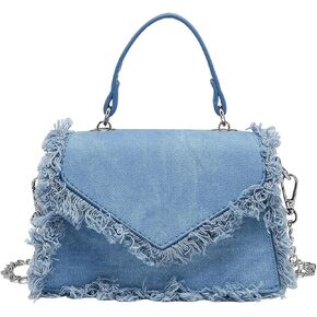 Qwinee Women's Fringe Hobo Bag Bag Tassel Trim Small Denim Bag Vegan Suede Tassel Hippie Crossbody Bag