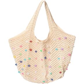 حقيبة الكتف من Iqimott Boho Crochet Beach For Women ، حقيبة كتف Hobo الصيفية مع الخرز الملون ، حقيبة يد منظمة غير رسمية