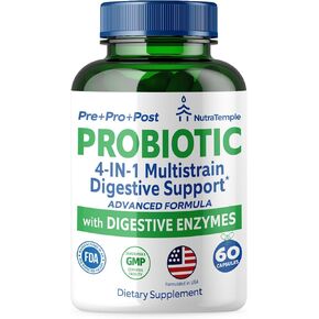 4 in 1 Pre Post Probiotics & Digestive Enzymes for Women & Men - Digestive Health, Gut & Immune Support for Occasional Constipation, Diarrhea, Gas & Bloating – 60 Veggie Capsules