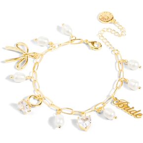 XO ، Fetti Gold Bride Charm Bracelet | ملحق بؤلؤة البكالوريوس ، مجوهرات الزفاف من رينستون ، زخارف حفلة باخ ، هدية وصيفه الشرف ، سلسلة زفاف سلسلة الزفاف