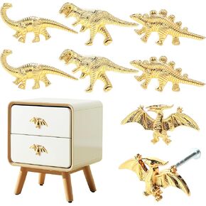 8 Pack Metal Dinosaur Knobs for Kids Furniture - 5 Dino Mix Gold Finish Drawer Pulls & Cabinet Handles, Scratch-Resistant (Assorted Styles)