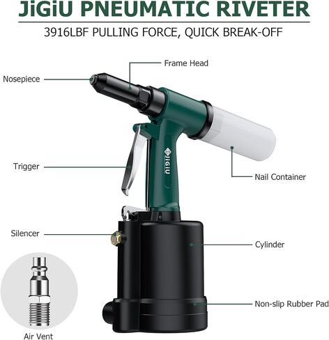 JiGiU Pneumatic Tool Air Riveter 3916LBF Pulling Pneumatic Rivet Gun Heavy-Duty Air Pop Riveter 3/32", 1/8", 5/32", 3/16" and 1/4" Capacity for Automotive, Construction, Manufacturing Industries in Kuwait
