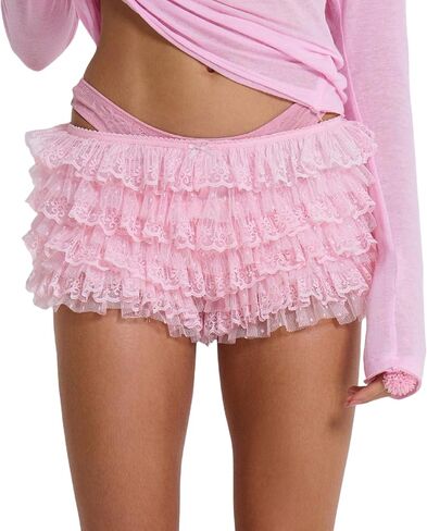 Faretumiya Women Mesh Lace Bloomer Shorts Y2k Layered Ruffle Frilly Booty Shorts Fairy Bow Sexy Boy Shorts Panties in Saudi Arabia