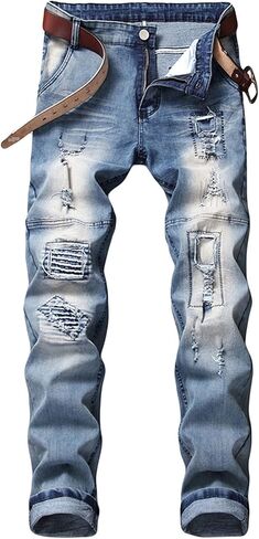 Men Stretch Straight Leg Biker Jeans Classic Vintage Washed Moto Jean Distressed Slim Fit Stretch Hip Hop Denim Pants in Saudi Arabia