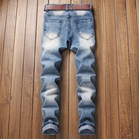 Men Stretch Straight Leg Biker Jeans Classic Vintage Washed Moto Jean Distressed Slim Fit Stretch Hip Hop Denim Pants in Saudi Arabia