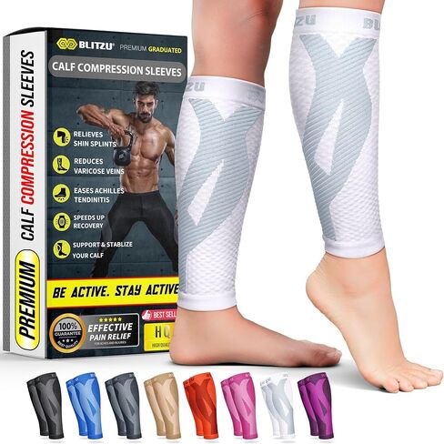 BLITZU Calf Compression Sleeves, Footless Compression Socks for Men & Women | Leg Support Brace, Shin Splint Pain Relief, Reduce Varicose Vein Swelling, Muscle Recovery, Running, Nursing, Fitness, Travel in Saudi Arabia