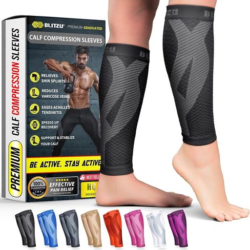 BLITZU Calf Compression Sleeves, Footless Compression Socks for Men & Women | Leg Support Brace, Shin Splint Pain Relief, Reduce Varicose Vein Swelling, Muscle Recovery, Running, Nursing, Fitness, Travel in Kuwait
