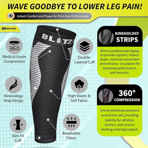 BLITZU Calf Compression Sleeves, Footless Compression Socks for Men & Women | Leg Support Brace, Shin Splint Pain Relief, Reduce Varicose Vein Swelling, Muscle Recovery, Running, Nursing, Fitness, Travel in Kuwait