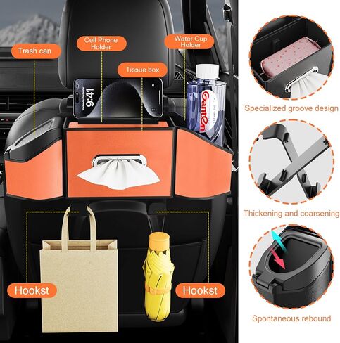 Multifunctional Car Seat Back Organizer with 2 Cup Holders, Spacious Storage for Tissues, Keys, Umbrellas, Bags & Glasses, Built in Waste Bin, Universal Hanging Storage Box for Cars, SUVs (Orange) in Kuwait
