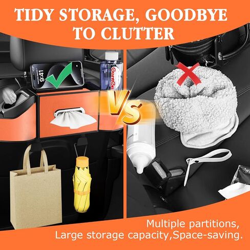 Multifunctional Car Seat Back Organizer with 2 Cup Holders, Spacious Storage for Tissues, Keys, Umbrellas, Bags & Glasses, Built in Waste Bin, Universal Hanging Storage Box for Cars, SUVs (Orange) in Kuwait