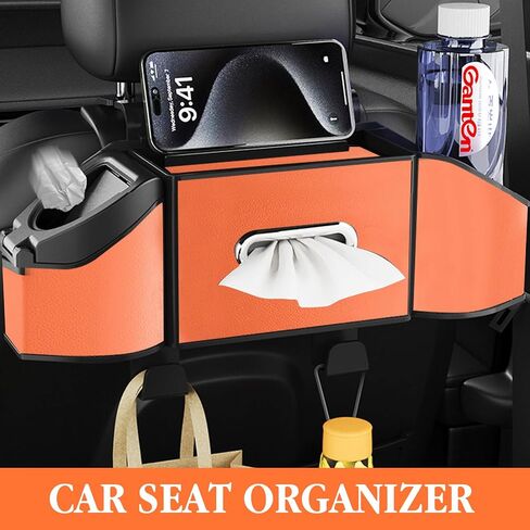 Multifunctional Car Seat Back Organizer with 2 Cup Holders, Spacious Storage for Tissues, Keys, Umbrellas, Bags & Glasses, Built in Waste Bin, Universal Hanging Storage Box for Cars, SUVs (Orange) in Kuwait