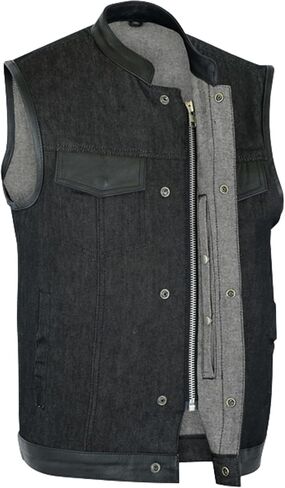 Daniel Smart Men’s Vest - Black Denim with Leather Detailing Design Motorcycle Vest for Men with Concealment Armory Pocket in Kuwait