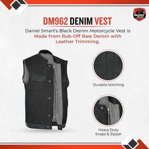 Daniel Smart Men’s Vest - Black Denim with Leather Detailing Design Motorcycle Vest for Men with Concealment Armory Pocket in Kuwait