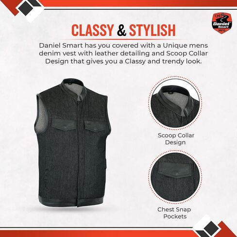 Daniel Smart Men’s Vest - Black Denim with Leather Detailing Design Motorcycle Vest for Men with Concealment Armory Pocket in Kuwait