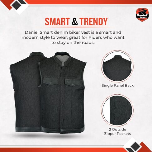 Daniel Smart Men’s Vest - Black Denim with Leather Detailing Design Motorcycle Vest for Men with Concealment Armory Pocket in Kuwait