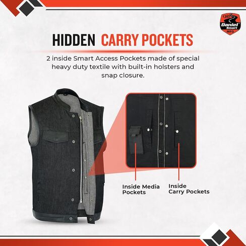 Daniel Smart Men’s Vest - Black Denim with Leather Detailing Design Motorcycle Vest for Men with Concealment Armory Pocket in Kuwait