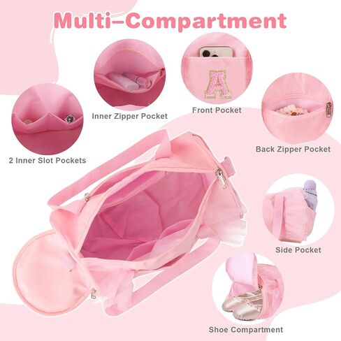 Personalized Initial Dance Bag for Girls, Small Lace Gym Sport Yoga Dance Bags Gift for Teen Girls Women, Cute Letter Kids Ballet Bag Zipper Toddler Travel Duffle Tote with Adjustable Straps(Pink-A) in Saudi Arabia
