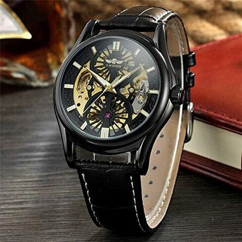 Winner Golden Gear Movement Inside Skeleton Men Watch Leather Luxury Fashion Automatic Wrist Watches Transparent in Saudi Arabia