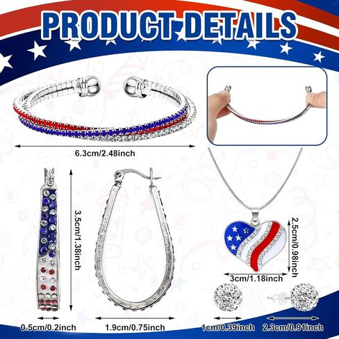 XunYee 4 Pcs 4th of July Jewelry Set for Women Patriotic Earrings Independence Day Bracelet USA American Flag Necklace Gifts in Saudi Arabia