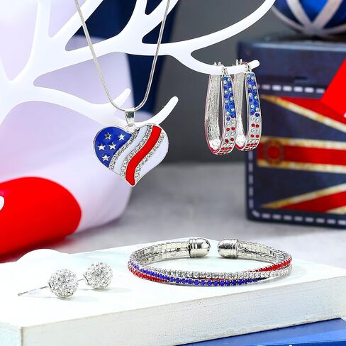 XunYee 4 Pcs 4th of July Jewelry Set for Women Patriotic Earrings Independence Day Bracelet USA American Flag Necklace Gifts in Saudi Arabia